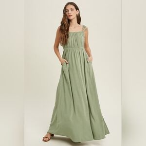 NWT Wishlist Sage Green Maxi Dress Tie Straps Slit Rayon Linen Sz L
